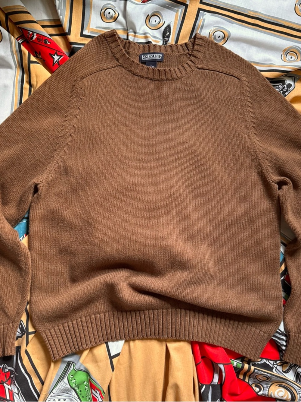 Lands' End brown cotton sweater Large made in Japan drifter crewneck 42-44